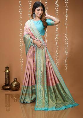 light pink silk blend zari woven saree 4