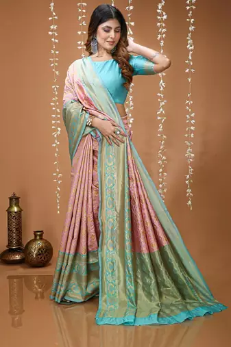 light pink silk blend zari woven saree