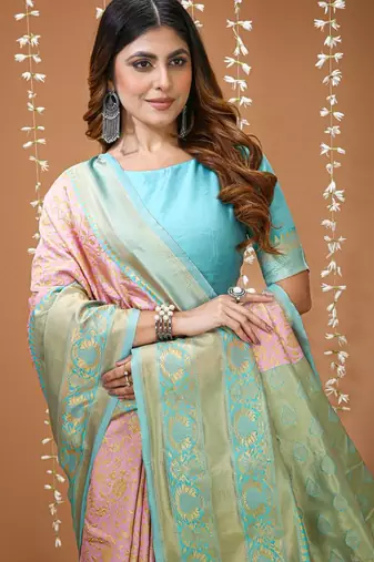 light pink silk blend zari woven saree