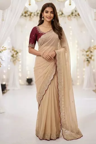 chiku star georgette embroidered arco border saree