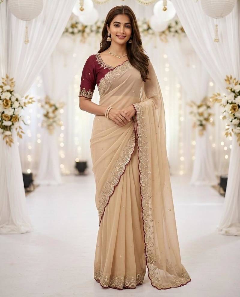chiku star georgette embroidered arco border saree