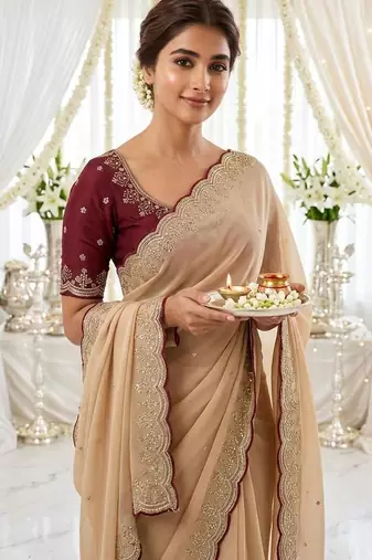 chiku star georgette embroidered arco border saree