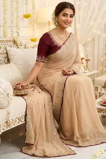 chiku star georgette embroidered arco border saree