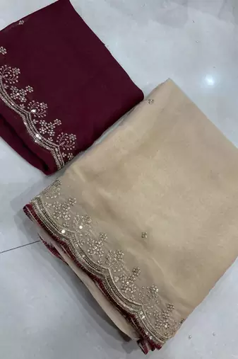chiku star georgette embroidered arco border saree