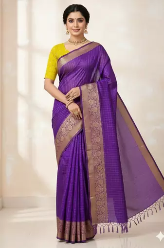 purple soft dola silk blend print zari border saree