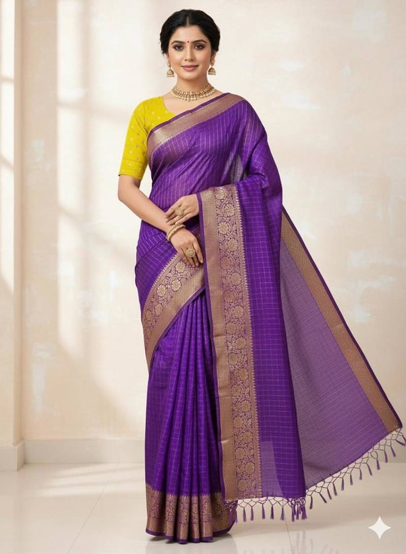 purple soft dola silk blend print zari border saree