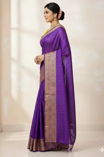 purple soft dola silk blend print zari border saree