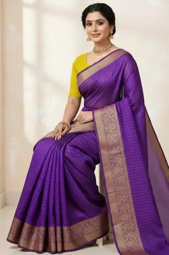 purple soft dola silk blend print zari border saree