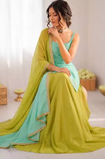 Mint green chinon silk thread with sequin palazzo suit