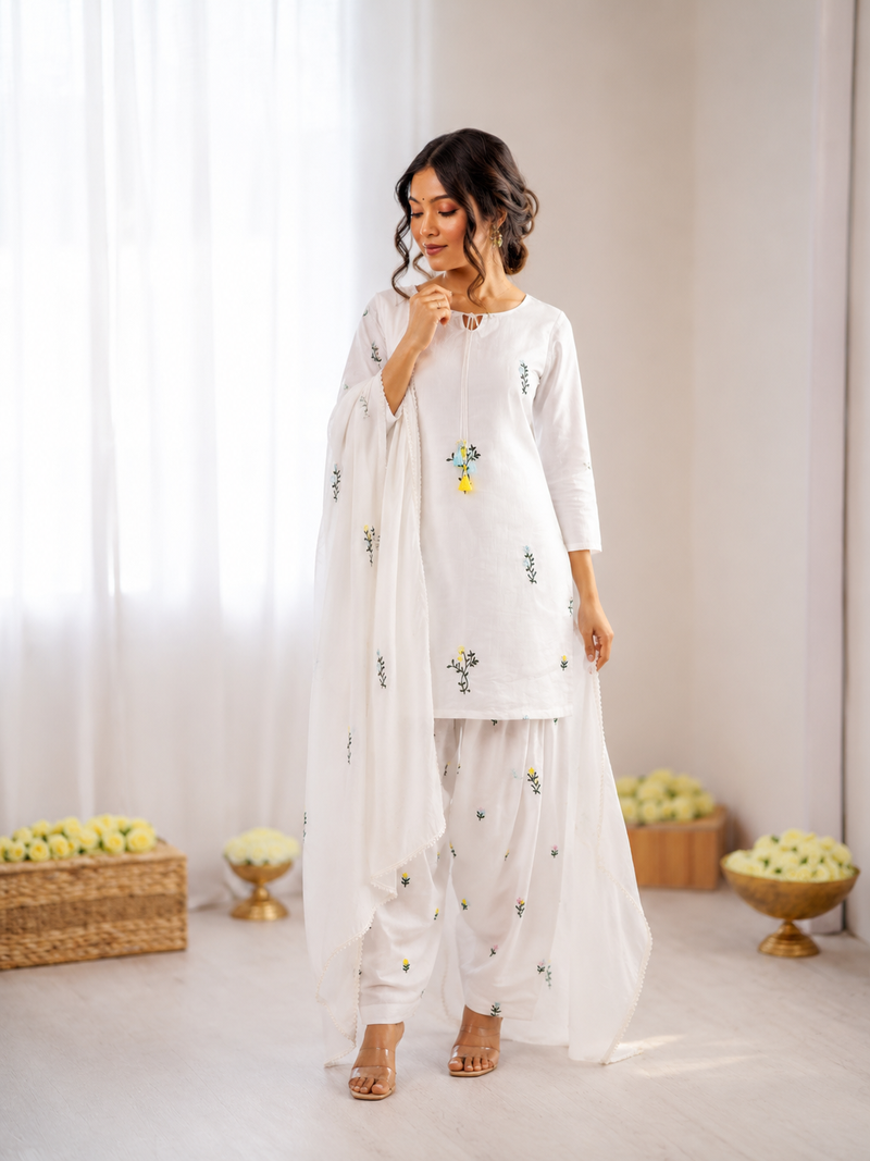 Off white  chanderi silk thread work salwar suit