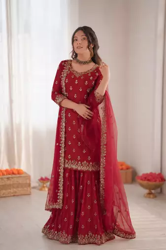Maroon chinon silk thread with sequin sharara suit