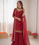 Maroon chinon silk thread with sequin sharara suit