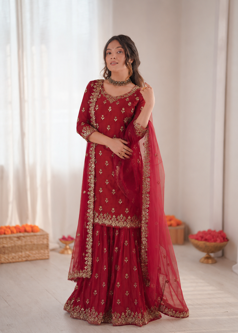 Maroon chinon silk thread with sequin sharara suit