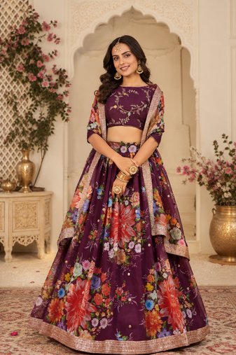 Wine Printed Georgette Semi Stitched Lehenga Choli Festival Wear Collection