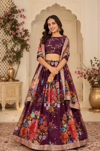 Wine Printed Georgette Semi Stitched Lehenga Choli Festival Wear Collection