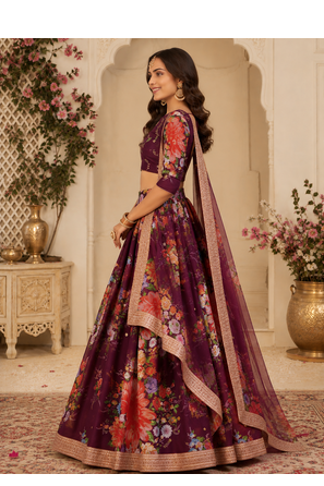 Wine Printed Georgette Semi Stitched Lehenga Choli Festival Wear Collection 2