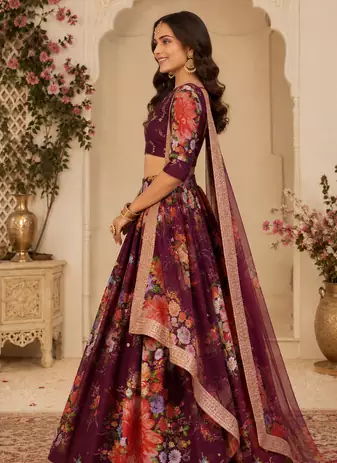 Wine Printed Georgette Semi Stitched Lehenga Choli Festival Wear Collection