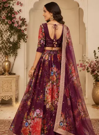 Wine Printed Georgette Semi Stitched Lehenga Choli Festival Wear Collection
