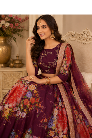 Wine Printed Georgette Semi Stitched Lehenga Choli Festival Wear Collection 4