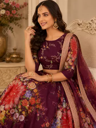 Wine Printed Georgette Semi Stitched Lehenga Choli Festival Wear Collection
