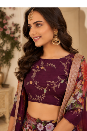 Wine Printed Georgette Semi Stitched Lehenga Choli Festival Wear Collection 5