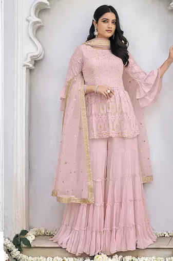 Heavy georgette party wear sharara suit in light pink color with embroidery work