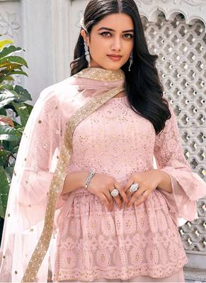 Heavy georgette party wear sharara suit in light pink color with embroidery work 2