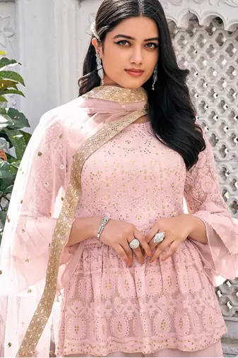 Heavy georgette party wear sharara suit in light pink color with embroidery work