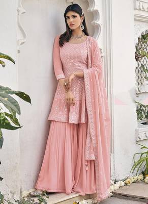 Heavy georgette party wear sharara suit in light pink color with embroidery work 1