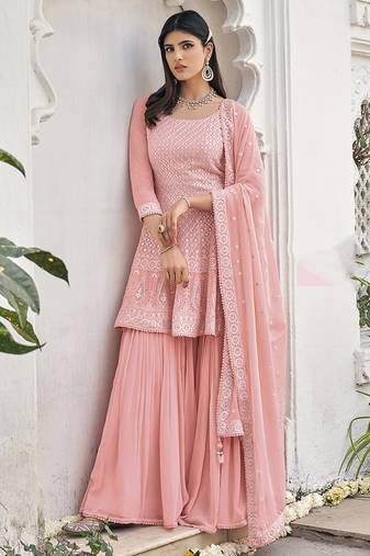 Heavy georgette party wear sharara suit in light pink color with embroidery work