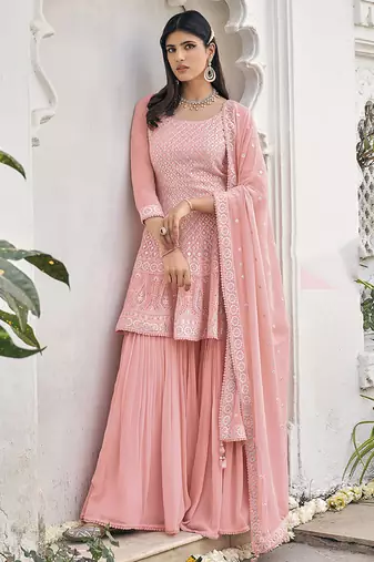 Heavy georgette party wear sharara suit in light pink color with embroidery work