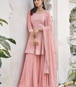 Heavy georgette party wear sharara suit in light pink color with embroidery work