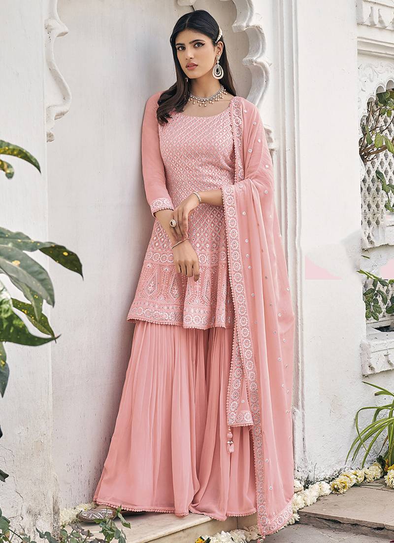 Heavy georgette party wear sharara suit in light pink color with embroidery work