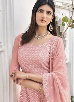 Heavy georgette party wear sharara suit in light pink color with embroidery work 2