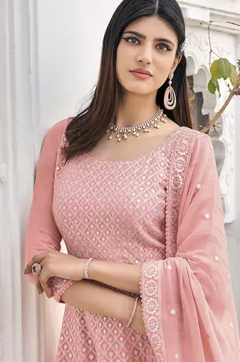 Heavy georgette party wear sharara suit in light pink color with embroidery work