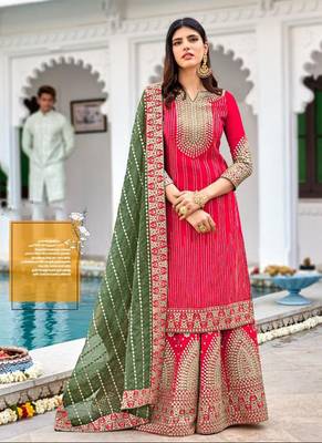 Heavy georgette party wear sharara suit in pink color with embroidery work 1