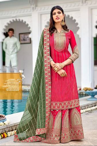 Heavy georgette party wear sharara suit in pink color with embroidery work