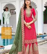 Heavy georgette party wear sharara suit in pink color with embroidery work