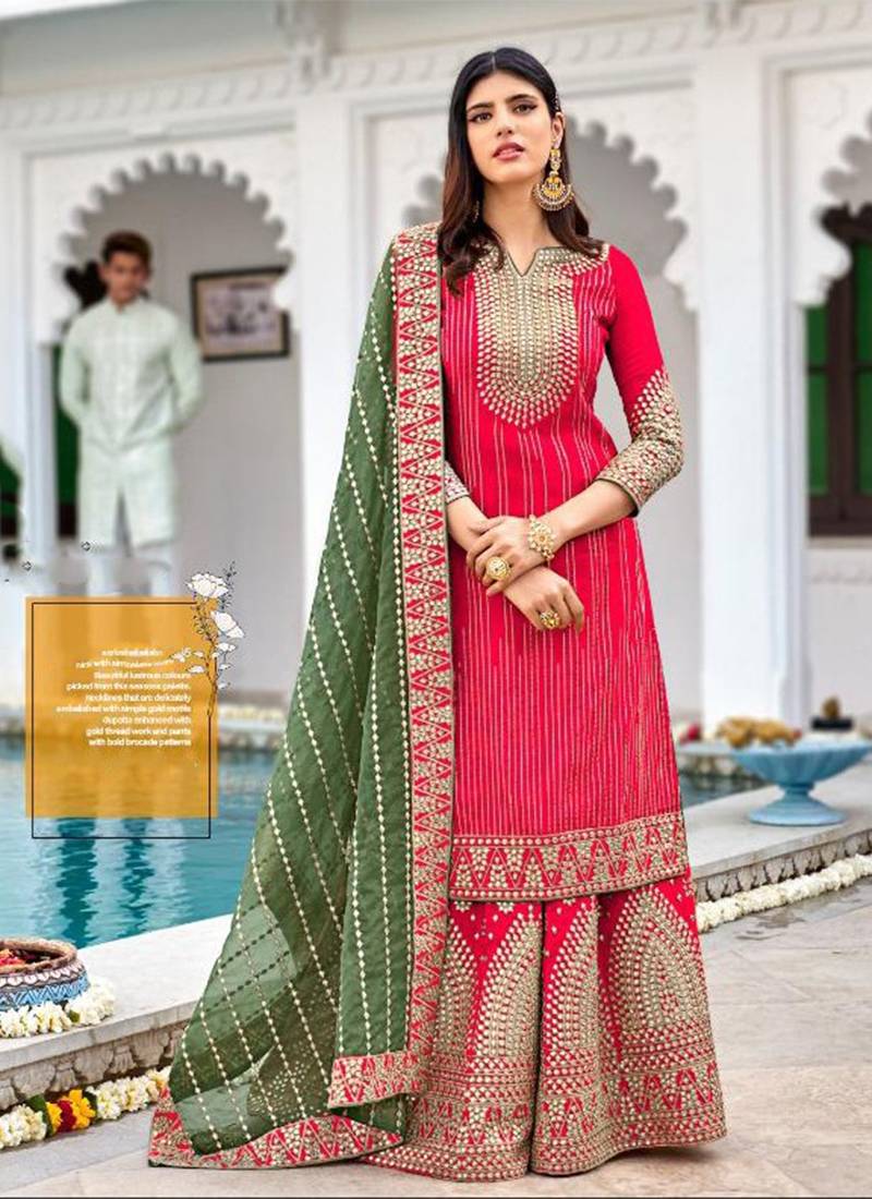 Heavy georgette party wear sharara suit in pink color with embroidery work