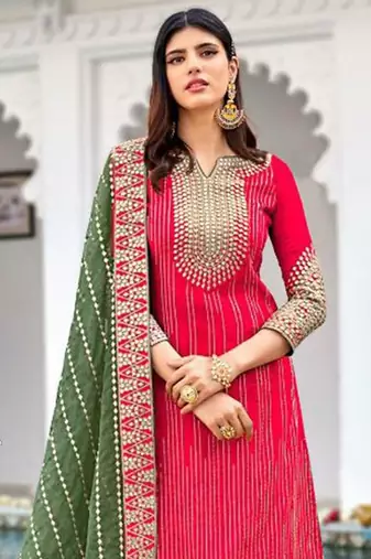 Heavy georgette party wear sharara suit in pink color with embroidery work