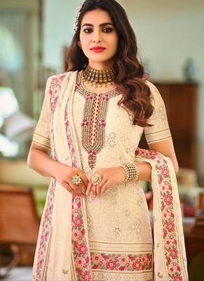 Faux georgette party wear readymade sharara suit in off white color with embroidery work 2