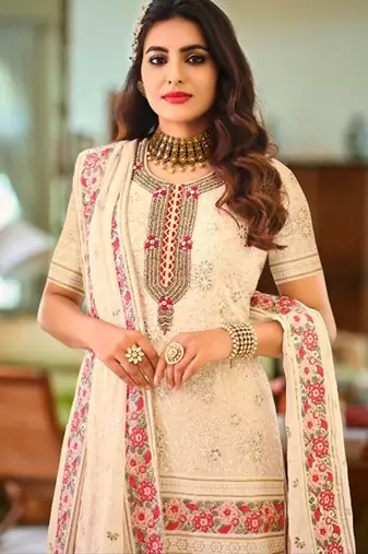 Faux georgette party wear readymade sharara suit in off white color with embroidery work