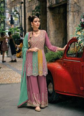 Pure chiffon party wear sharara suit in multi color with embroidery work 1