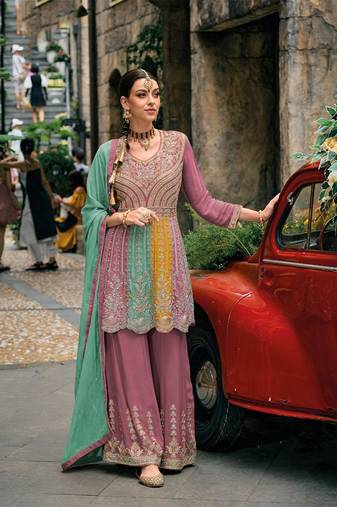 Pure chiffon party wear sharara suit in multi color with embroidery work