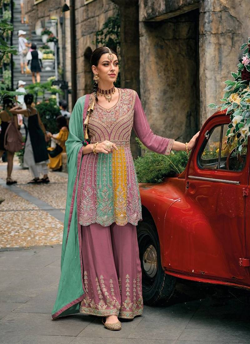 Pure chiffon party wear sharara suit in multi color with embroidery work