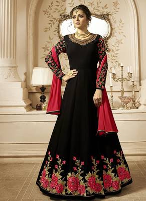 Heavy georgette party wear gown in black color with stone work 1