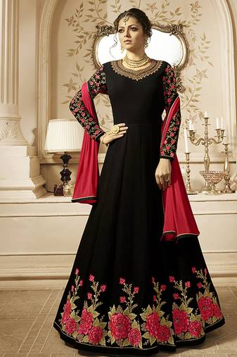 Heavy georgette party wear gown in black color with stone work