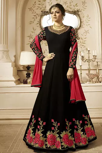 Heavy georgette party wear gown in black color with stone work