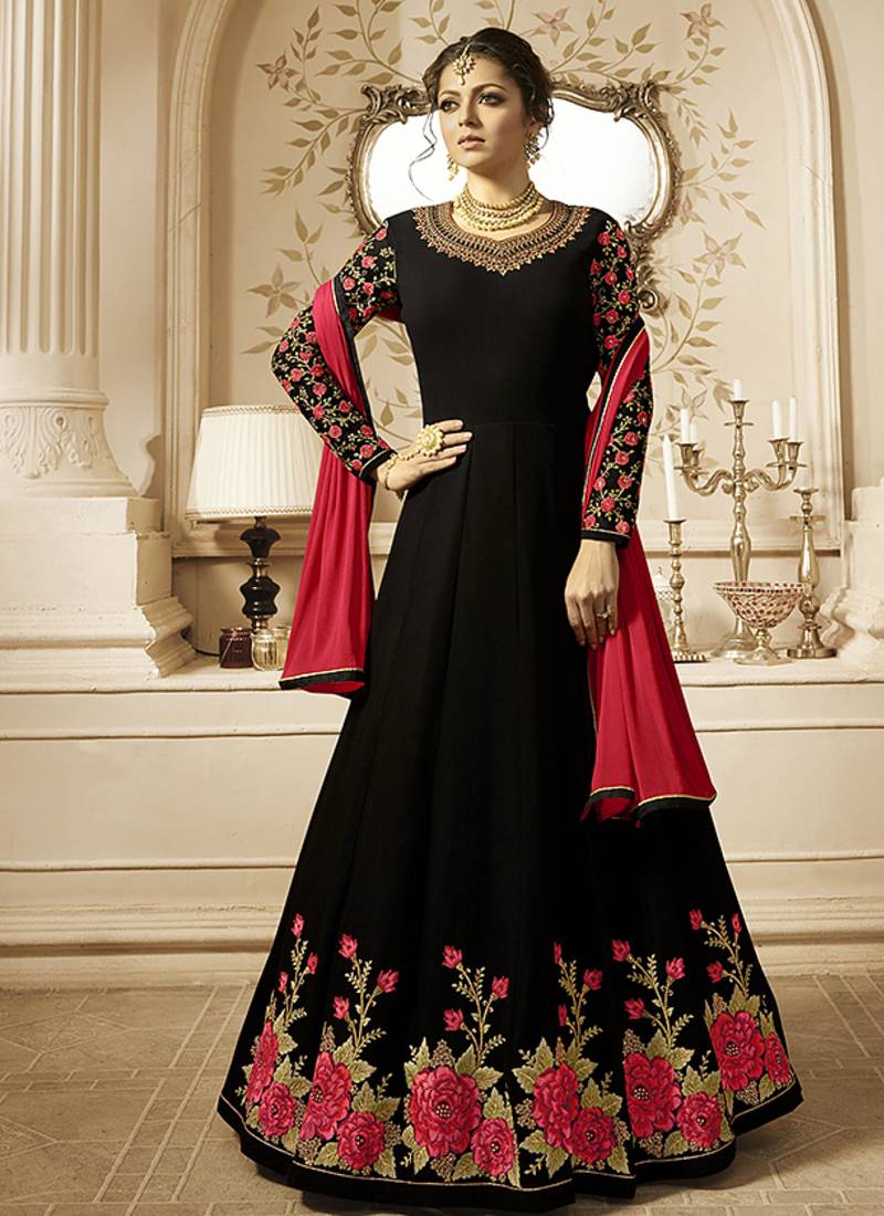 Heavy georgette party wear gown in black color with stone work