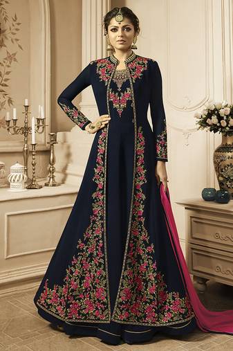 Pure georgette fabrics party wear gown in blue color with embroidery work